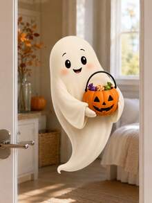1pc Halloween Cute Trick-Or-Treat Ghost With Pumpkin Candy Bucket Window Sticker, Self-Adhesive Peel And Stick PVC Window Decal, Waterproof Removable Glass Door Decor For Living Room Bedroom Kitchen Kids Room & Halloween Party Home Decoration - Multicolor 2 - View 13