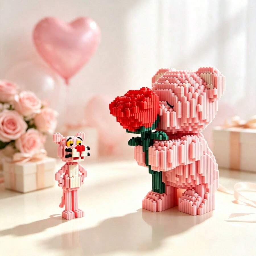 2050pcs Micro Particle Building Blocks Set Rose Bear + Pink Leopard, Romantic Bear Holding Building Block Rose, Perfect Gift For Couples And Parents, High Assembly Difficulty
