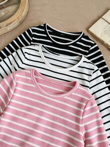 Girls 3PS Striped Long Sleeve T-Shirt, Round Neck Soft Basic Top, Casual Striped Base Layer Shirt - Multicolor - View 3