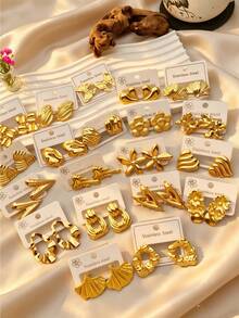 4/8/16/24pcs Luxury Gold-Plated Textured Geometric Stainless Steel Earrings - Multicolor - View 4