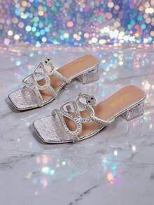 1 Pair Ladies Glossy Silver Mule Heels, Slip On Nightclub Outdoor Walking Shoes - Silver - View 6
