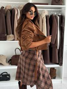 Fashion Casual Autumn/Winter Leather Fleece Collar Long Sleeve Commuter Zipper Short Jacket - Khaki - View 5