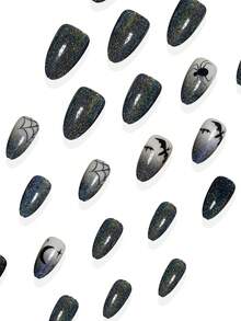 Elevate Your Look,Halloween 24Pcs Short Almond Full Coverage Glossy Laser Cat's Eye False Nails,Black Gradient Ombre Spider-Bat Design Nail Art,Simple, Cute And Stylish Press On Nails - Black - View 2
