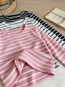 Girls 3PS Striped Long Sleeve T-Shirt, Round Neck Soft Basic Top, Casual Striped Base Layer Shirt - Multicolor - View 4