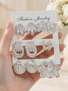 6 Pairs Silver Luxury Earrings Set, Flower/Shell Multi-Style, Versatile For Commute And Date, Photogenic For Vacation - Silver - View 1