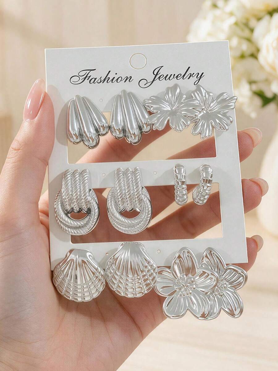 6 Pairs Silver Luxury Earrings Set, Flower/Shell Multi-Style, Versatile For Commute And Date, Photogenic For Vacation - Silver - View 1