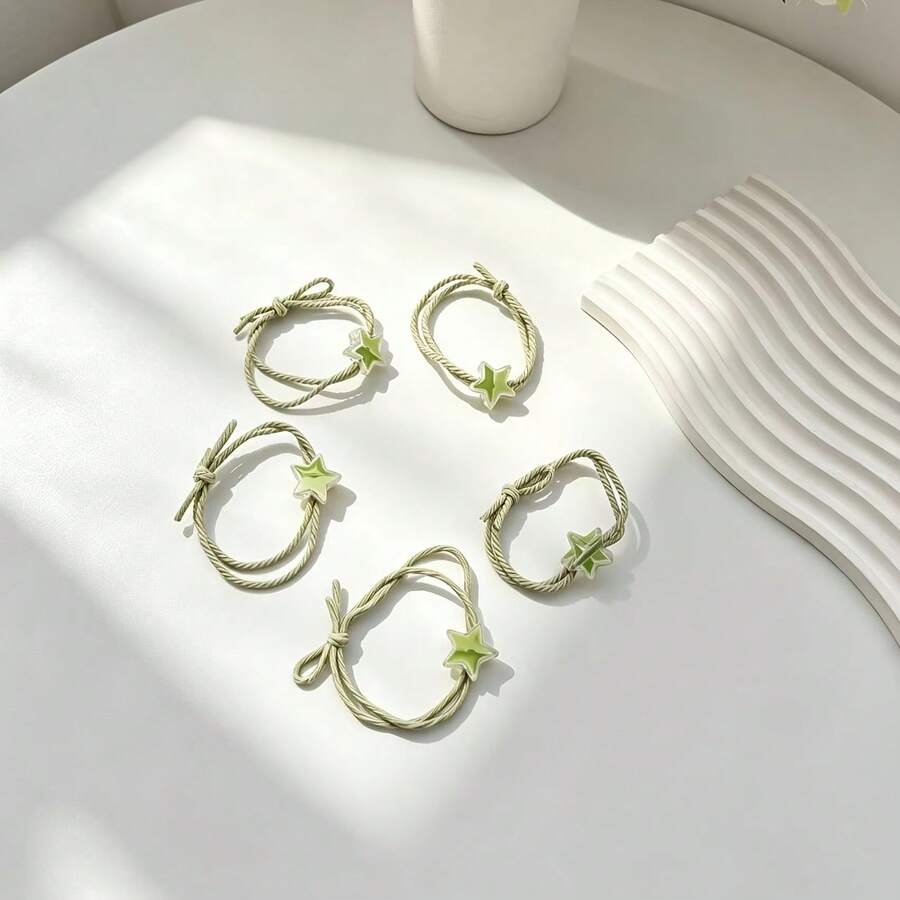 5pcs Minimalist Green Pentagram Bracelet & Hair Tie Dual-Use Cute Star Hair Rope Women's Hair Accessories Popular Girl Hair Bands - Green - View 1