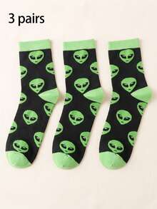 1/3 Pairs Street Style Alien Print Mid-Calf Socks, Unisex, Black And Green Contrast Color Alien Head Pattern, High Elasticity, Moisture-Wicking, Casual Socks, Hip-Hop Style, Matches Cargo Pants And Sneakers, All-Season Wear - Multicolor - View 7