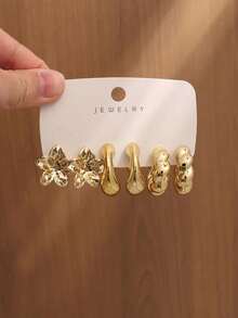 6-18pcs/Set Women's Gold Earrings Set, Flower, Water Drop, Twisted Design, Suitable For Daily Wear, Gift For Friends - Yellow Gold - View 3