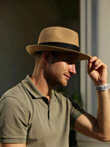 1pc Unisex Khaki & Black Webbing Trim Jazz Fedora Hat With Upturned Back - Khaki - View 2
