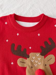 Young Girl Cute Christmas Reindeer Jacquard Knit Crew Neck Sweater Long Sleeve Pullover For Daily Wear, Parties, Spring, Autumn, Winter - Red - View 3