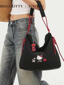 SANRIO Tas Tote Bordir Hello Kitty, Tas Bahu Wanita Kapasitas Besar, Ringan, Gaya Jepang yang Lucu, Tas Tangan Harian Cocok untuk Belanja Santai dan Perjalanan Singkat - MultiWarna - View 2
