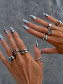 8/10pcs Vintage Punk Gothic Metal Cross Heart Star Rose Ring Set, Women's Halloween Party Jewelry Accessories - Antique Silver - View 2