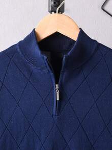 Boys' Semi-High Neck Half-Zip Long Sleeve Knitted Sweater, Argyle Pattern With Contrast Stripes, Preppy Casual Versatile Pullover, Suitable For Campus Daily Wear In Spring, Autumn And Winter - Navy Blue - View 3