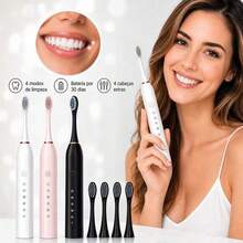 Escova de dentes elétrica ultrassônica, seis modos de velocidade, cabelo macio, carregamento usb, à prova d'água, limpador de dentes adulto, conjunto automático para casal - Branco - Visão 1