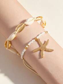 2 piezas/Set Serie de Conchas de Playa de Vacaciones, Conjunto de Estilo Bohemio con Cuentas de Arroz y Conchas - Dorado - Ver 4