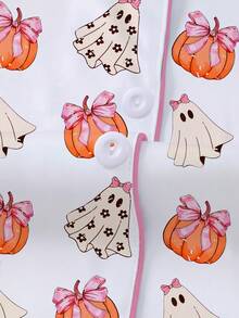 [Halloween]2 piezas Conjunto de pijama para mujer, Estampado de fantasmas de Halloween, Ropa de estar en casa para mujer, Conjunto de vacaciones de primavera/verano, Conjunto de top de manga corta y pantalones cortos - Blanco - Ver 3