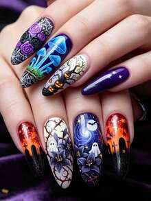 24PCS Halloween Theme Hand-Painted Mushroom Spider Web Rose Pumpkin Tree Ghost Lily Maple Leaf Removable Wearable Nail Art - Multicolor - View 3