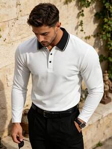 Men's Spring/Autumn Fashion Casual Loose Long Sleeve Polo Shirt With Turn-Down Collar, Suitable For Daily Commute And Travel - White - View 3