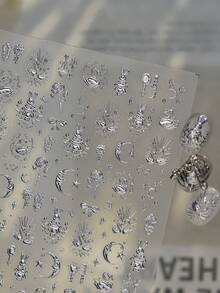 1張金屬銀色美甲貼紙 3D浮雕金屬美甲貼紙 新款輕奢卡通美甲貼紙 高級星夢童話薄款裝飾 自黏式美甲裝飾 - 銀色 - 查看 1