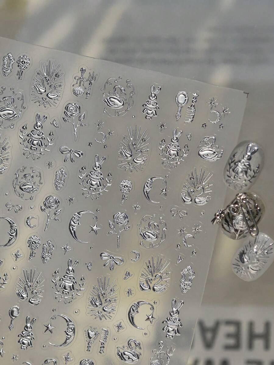 1張金屬銀色美甲貼紙 3D浮雕金屬美甲貼紙 新款輕奢卡通美甲貼紙 高級星夢童話薄款裝飾 自黏式美甲裝飾 - 銀色 - 查看 1
