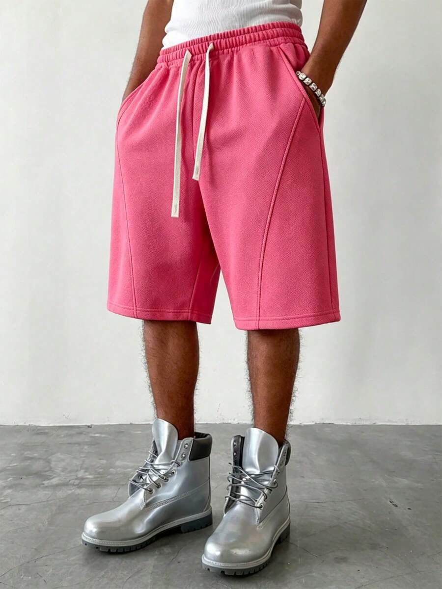 Minimalist Solid Color Drawstring Bermuda Sweat Shorts For Men, Versatile Casual Fitness Shorts Sports - Rose Red - View 1