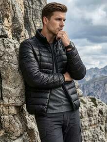 Men's Winter Thickened Solid Color Stand Collar Loose Jacket, Casual Outdoor Travel Workout Gym Running Sports Jacket - Black - View 4