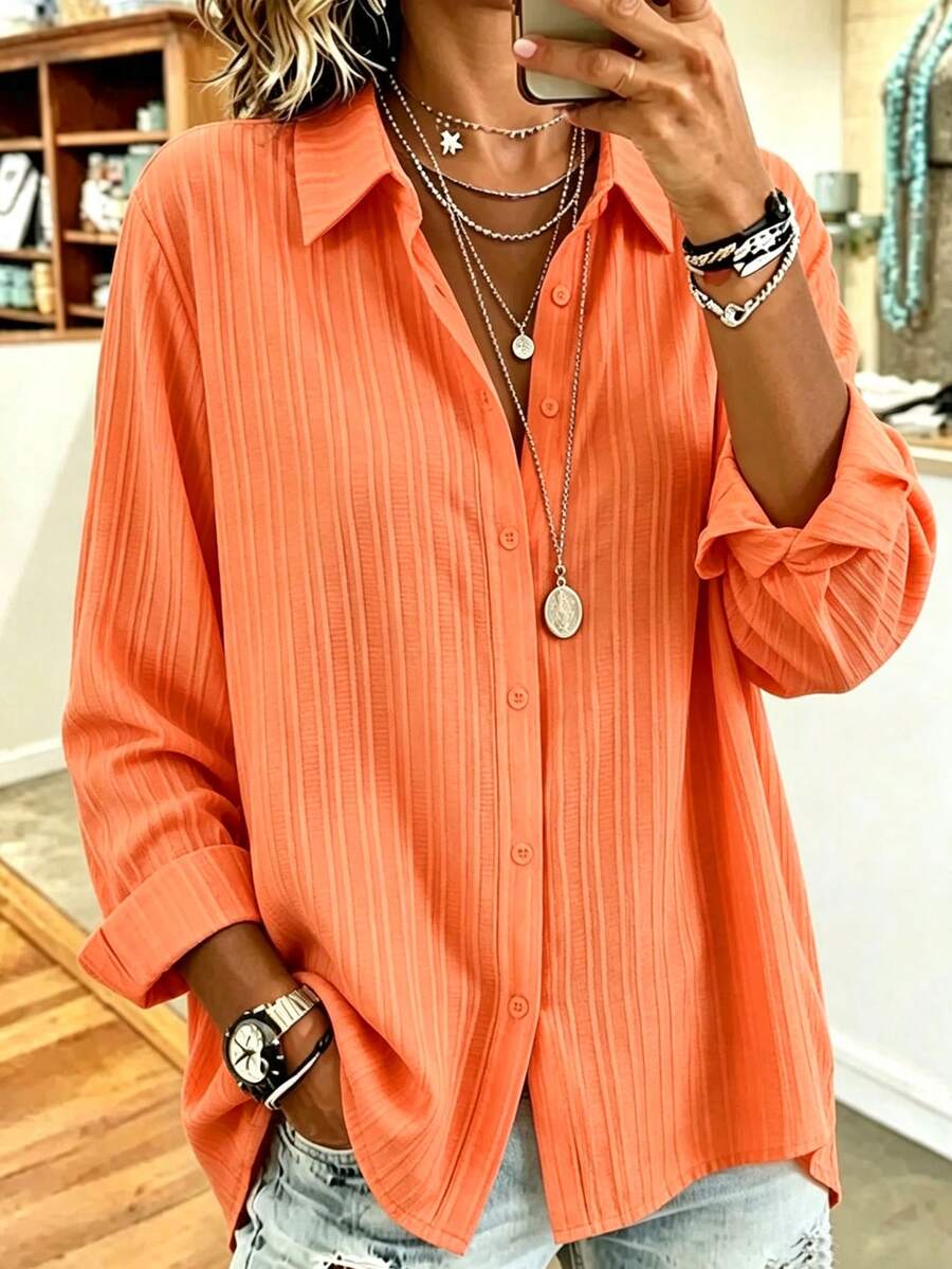 Casual Fashion Ribbed Plus Size Lightweight Breathable Long Sleeve Button-Up Shirt - Coral Orange - View 1