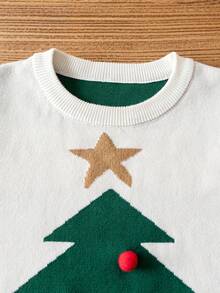 Girls Cute Christmas Tree Pattern Round Neck Long Sleeve Knit Pullover Sweater, Suitable For Christmas, Daily Casual, Spring, Autumn, Winter - Apricot - View 3