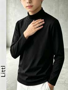 Kaos Lengan Panjang Kerah Tinggi Warna Polos untuk Anak Laki-laki Remaja, Atasan Kasual Serbaguna sebagai Lapisan Dasar - Hitam - View 10