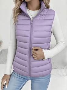 Women's Lightweight Stand Collar Short Zip-Up Vest, Slim Fit Sleeveless Warm Outerwear For Commuting, Autumn/Winter Layering Essential! - Purple - View 1