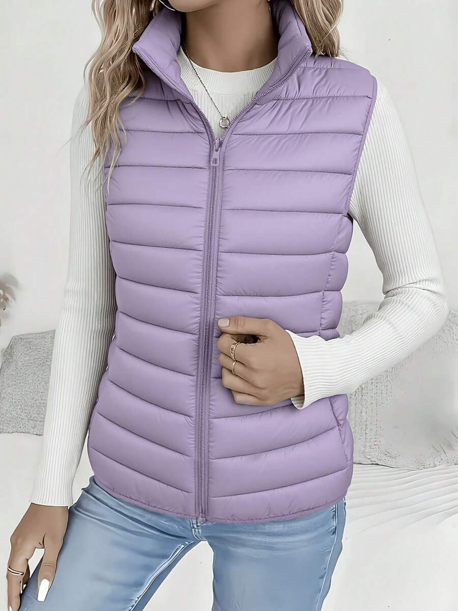 Women's Lightweight Stand Collar Short Zip-Up Vest, Slim Fit Sleeveless Warm Outerwear For Commuting, Autumn/Winter Layering Essential! - Purple - View 1
