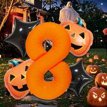 Halloween Pumpkin Pentagram Fluorescent Orange Number Foil Balloon Set, Includes 0-9 Orange Fluorescent Foil Number Balloons, Black Pentagram Foil Balloons, Halloween Pumpkin Foil Balloons, Suitable For Halloween Party Decoration, Trick Or Treat Holiday Party Decoration, Outdoor Halloween Backdrop, Holiday Decoration Supplies - Multicolor - View 3