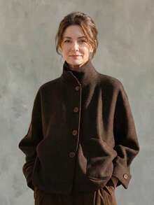 Áo khoác ngắn cashmere cổ đứng màu nâu sô-cô-la vintage, túi lớn, áo len ngắn phong cách đi làm thoải mái - màu nâu - Xem 2