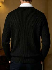 Men's Autumn/Winter Fashion Casual Versatile Solid Color Jacquard Sweater, Suitable For Daily Commute And Dating - Black - View 5