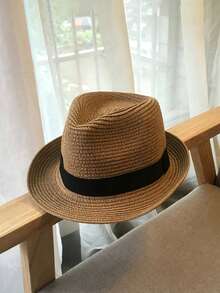 1pc Unisex Khaki & Black Webbing Trim Jazz Fedora Hat With Upturned Back - Khaki - View 3