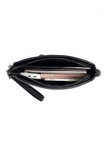 Unisex Crossbody Handbag, Pure Black Smooth PU, 3D Gunflower Embossed, Wide Strap, Wrist Strap, Street, Daily, Party, Travel - Black - View 7