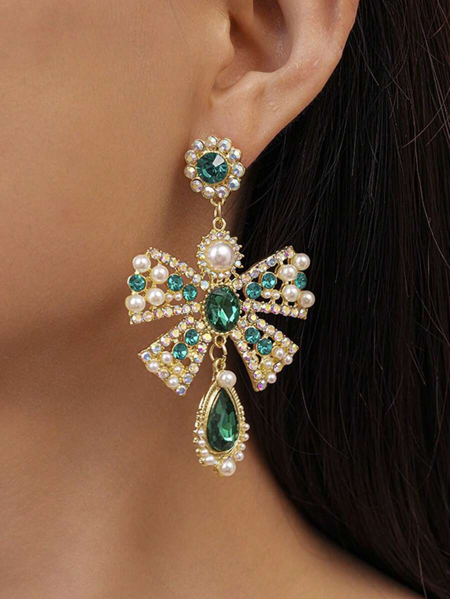 1 Par de Brincos Pendentes com Laço e Gota de Água Elegantes e Requintados, Adequados para Uso Diário, Festa e Encontro de Mulheres - Verde - Visão 1