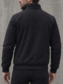 Men's Pure Black Fleece Stand Collar Zipper Flight Jacket, Side Zipper Pockets, Ribbed Cuffs, Long Sleeve Casual Outerwear, Autumn/Winter Street Style - Black - View 2