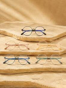 1 pieza Gafas redondas doradas con puntas suaves en las patillas, montura de metal, gafas sin graduación para mujeres, estudio en línea, desplazamiento diario, trabajo y uso casual - Multicolor - Ver 11