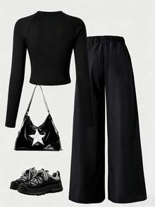 Youth Girl Cartoon Number Print Slim Fit Cropped Top And Long Pants - Black - View 2