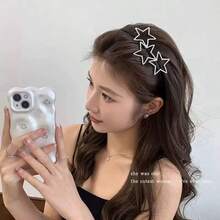 1件女款五角星水鑽合金金屬極簡甜酷防滑細髮箍，適合日常佩戴 - 黑色 - 查看 3