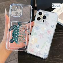 2pcs Ocean Print Card Holder Phone Case TPU Shockproof Full Coverage Precise Protection Cover Compatible With Apple 11/12/13/14/15/16/17 Pro Max - Clear - View 4