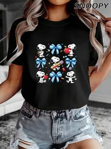 Women's Cute Casual Short Sleeve T-Shirt Snoopy Print Top Bow Pencil Short Sleeve - Black - View 3