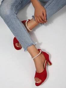 Burgundy Pearl Chain Peep-Toe High Heel Sandals, Fairy Style Chunky Heel Wedding Shoes - Red - View 4