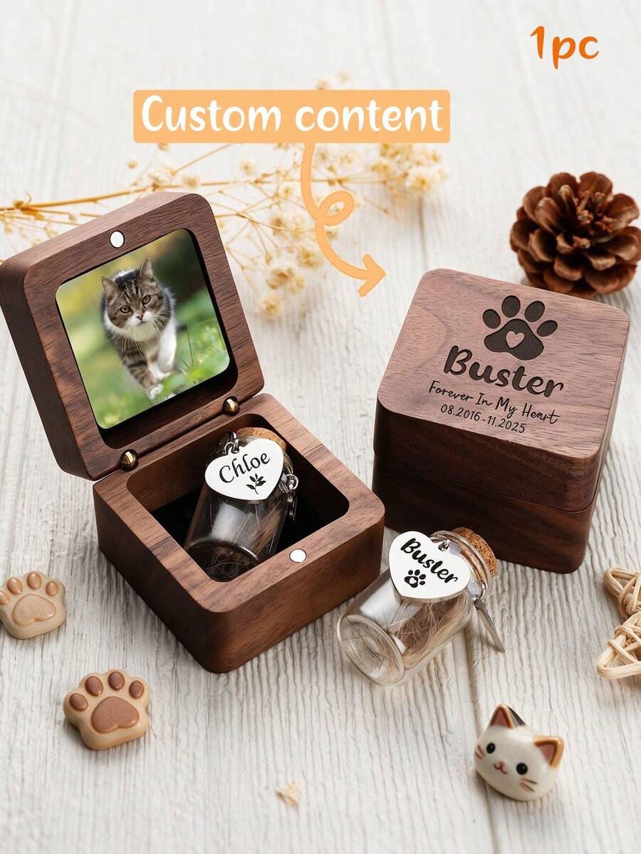 MerexSync Personalized Engraved Pet Memory Box With Custom Picture Frame, Wood Pet Cremation Keepsake Urn, Mini Glass Bottle For Pet Ashes Fur Hair, Heart Paw Wing Charm Option, Loss Of Dog Cat Condolence Memorial Gift