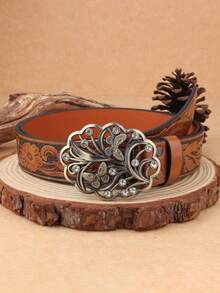 1pc Bohemian Hollowed Out Floral Buckle With Painted Feather Print PU Belt, Available In Brown And Burgundy Colors, Suitable For Travel Wear, Unisex - Multicolor - View 18