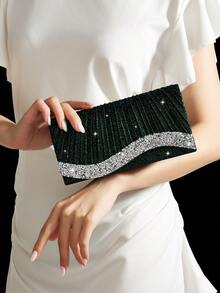 REMANLAND 4pcs Evening Jewelry Set With Rhinestone, Luxury Rhinestone Pleated Clutch Bag, Elegant Women's New Shoulder Evening Bag, Paired With Sparkling Rhinestone Pendant Jewelry Set, Rhinestone Pendant Necklace, Earrings, Bracelet, Suitable For Party, Wedding, Ball, Evening Event, Gathering - Dark Green - View 4