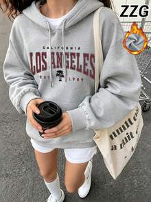 ZZG 秋冬女款復古「California Letters」圖案日常街頭運動通勤 Y2K 風格灰色連帽衛衣 - 淺灰色 - 查看 2