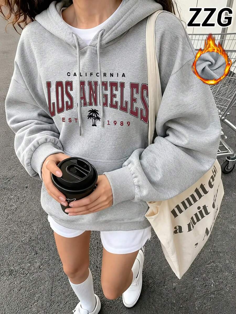 ZZG 秋冬女款復古「California Letters」圖案日常街頭運動通勤 Y2K 風格灰色連帽衛衣